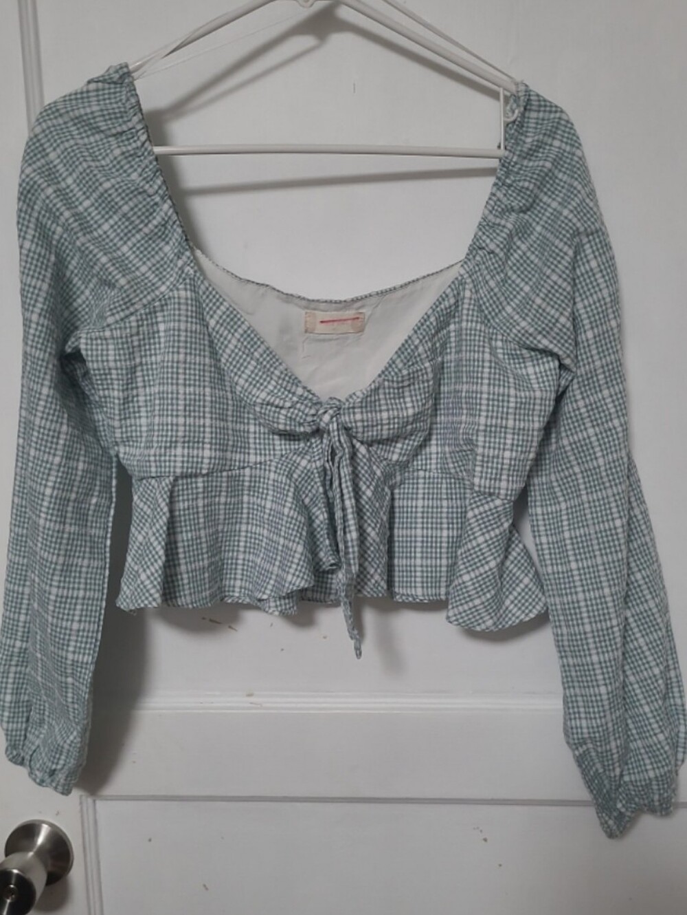 Altar'd State Sage Green Plaid Tie-Front Crop Top Medium